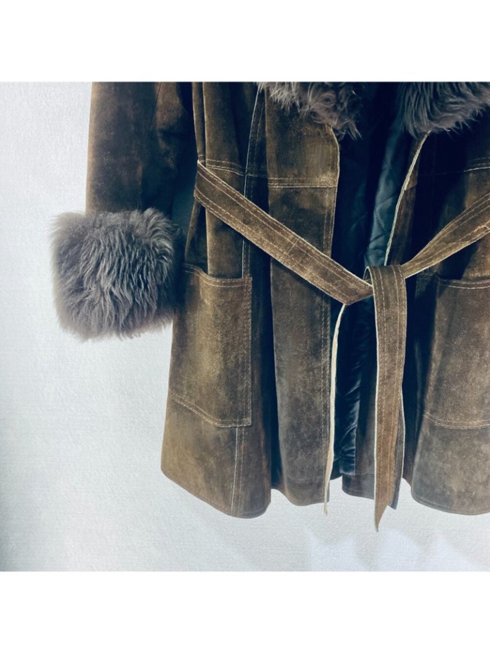 Vintage y2k Jacket Womens S Brown Suede Faux Fur Trim Belted Spain - Picture 3 of 16